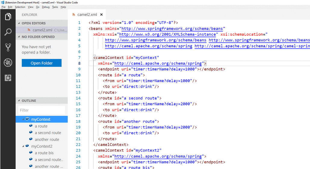 Navigation support for Camel contexts and routes for XML DSL